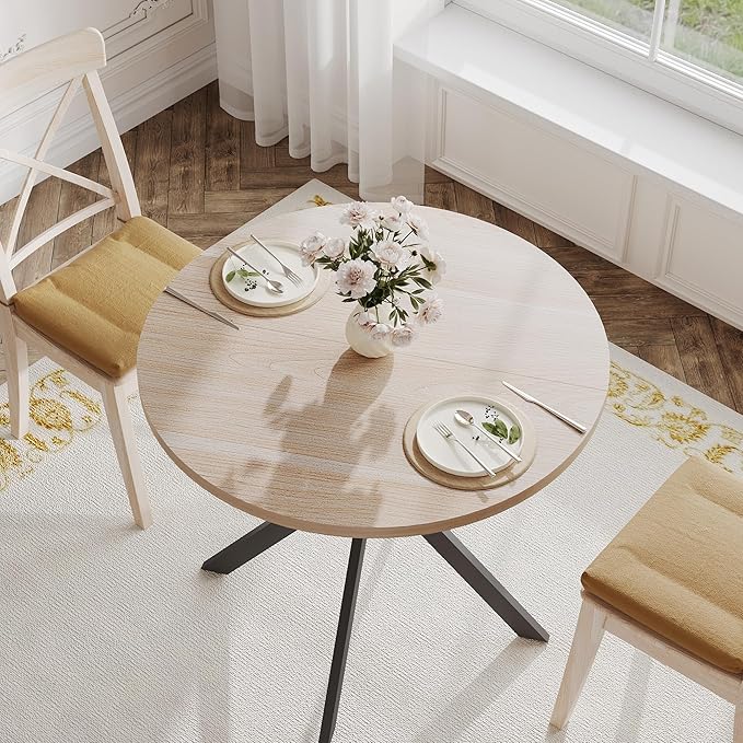ChooChoo Round Dining Table for 2, Farmhouse Wood Kitchen Table, Circle Dinner Table for Kitchen & Dining Room, Small Space, 31.5In, Natural Oak