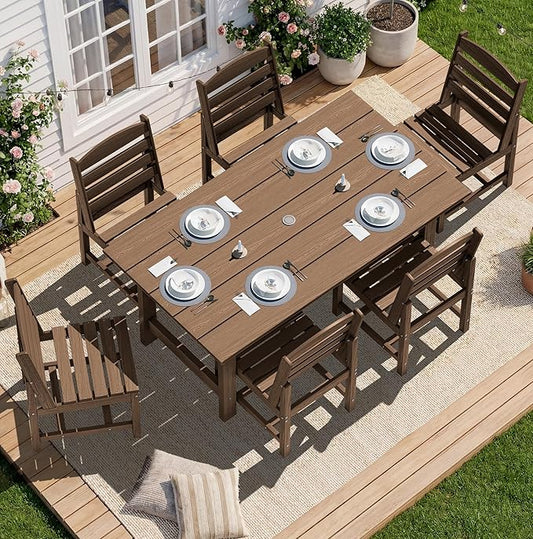 SERWALL Patio Dining Sets for 6 Person, HDPE Dining Set with 6 Armless Chairs, Brown