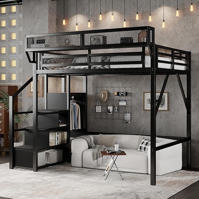 KEIKI Full Size Metal Loft Bed Frame with Convertible Staircase, Built-in Storage Shelves and Wardrobe, Loft Bed with Solid Slats, Guardrail, No Box Spring Required, Easy Assembly, for Bedroom, Black