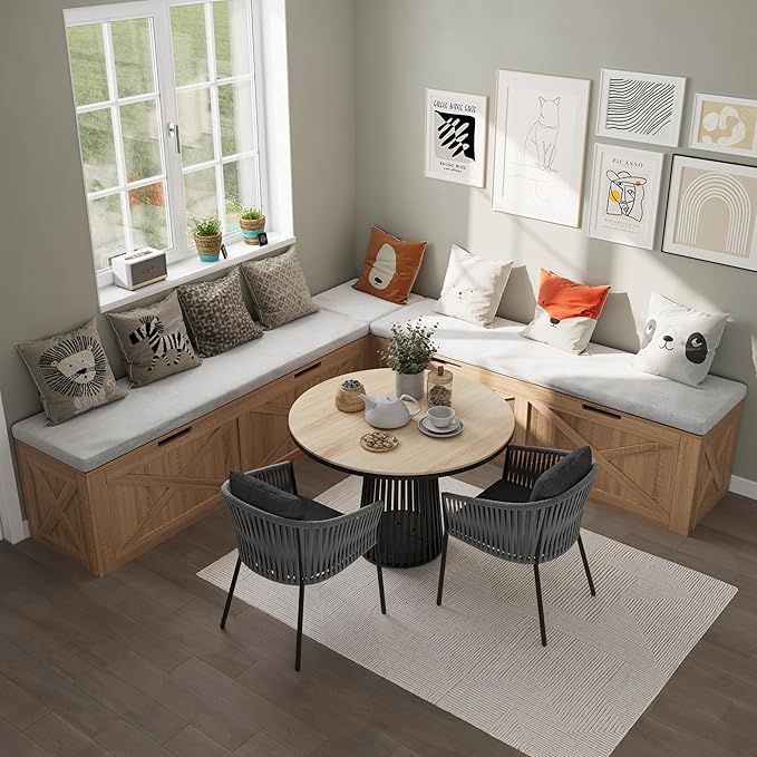Bobve L-Shape Storage Bench with Cushion, Backless Corner Dining Bench, Kitchen Dining Nook Bench with Hidden Storage for Dining Room, Kitchen, Entryway (Wood+White)