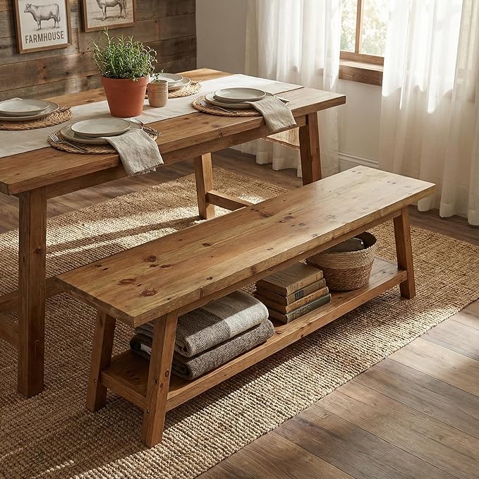 63” Wood Dining Room Bench, Farmhouse Kitchen Bench with Storage Shelf, Solid Wood Rusit Backless Bench for Dining Table, Extra Long Seating for Kitchen Room