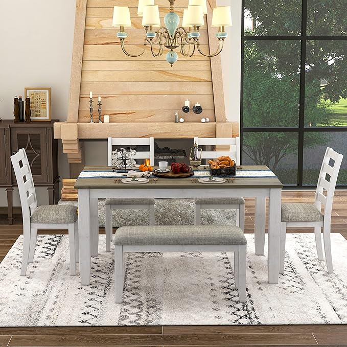 Harper & Bright Designs Rustic Style 6-Piece Dining Room Table Set with 4 Upholstered Chairs & a Bench (Brown + Whitewash)