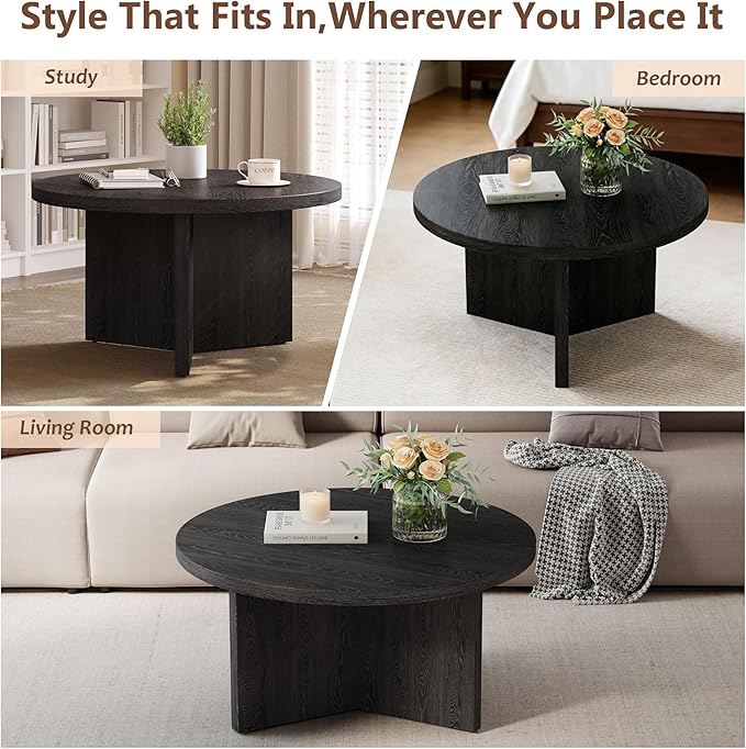 Luoxiao 31.5" Black Round Coffee Table Modern Circle Center Table for Living Room, Space-Saving Wood Accent Table for Apartments, Study, with Adjustable Feet Pads, Easy Assembly