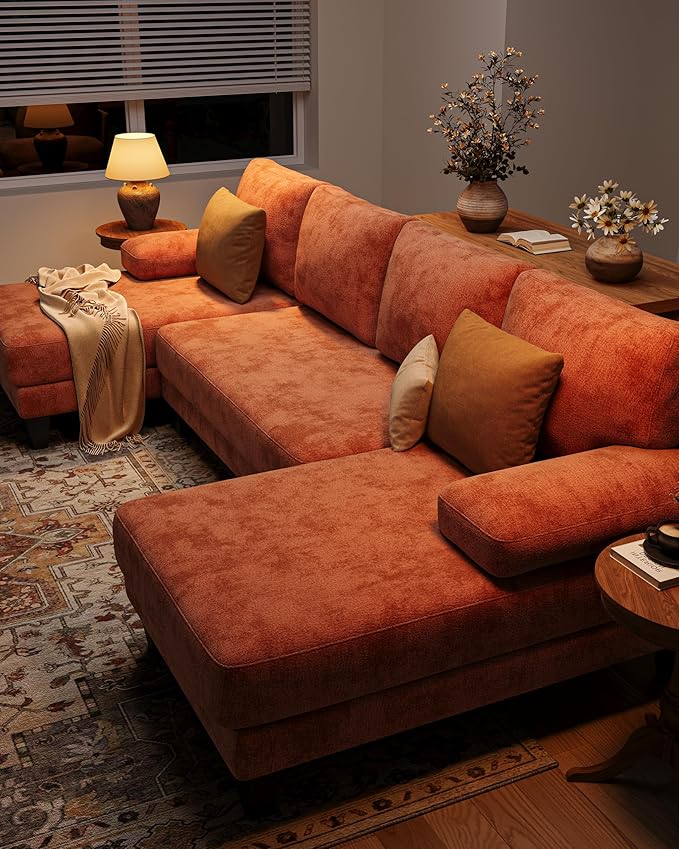 U-Shaped Sectional Couches for Living Room | 112 Inch Modern Sectional Couch | Orange Chenille Sofa with Double Chaise for Apartment