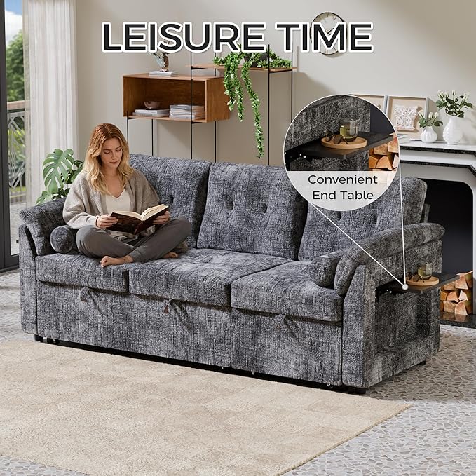 Convertible Sleeper Sofa Bed, 63 Inch Chenille Pull Out Couch with Side Table & Adjustable Backrest, Sectional Sleeper Sofa with Pull Out Bed for Living Room, Apartment, Gray