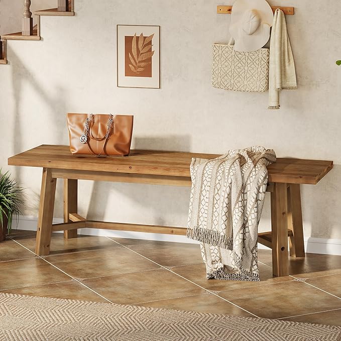 55" Solid Wood Bench, Farmhouse Long Bench Seat for Entryway, Dining Room, Living Room, Solid Wood, Rustic Brown
