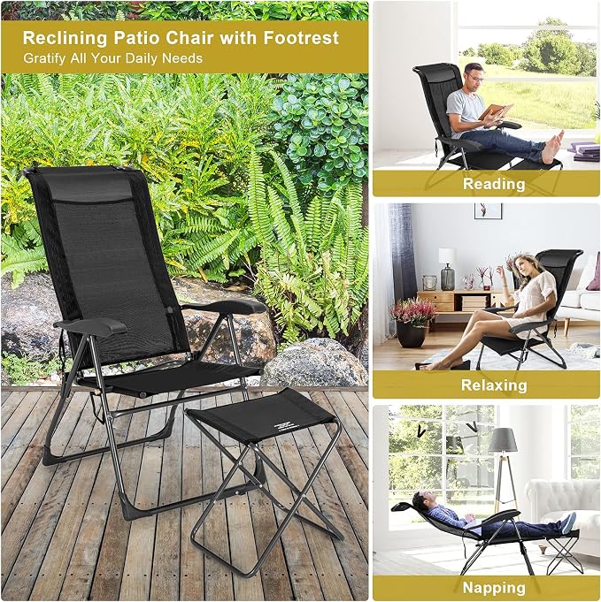 Giantex 4 Pcs Folding Patio Chairs with Footrest, Adjustable Back, 2 Pack Outdoor Portable Sling Patio Dining Chairs for Camping Lawn Bistro Porch Garden Yard Pool, Black
