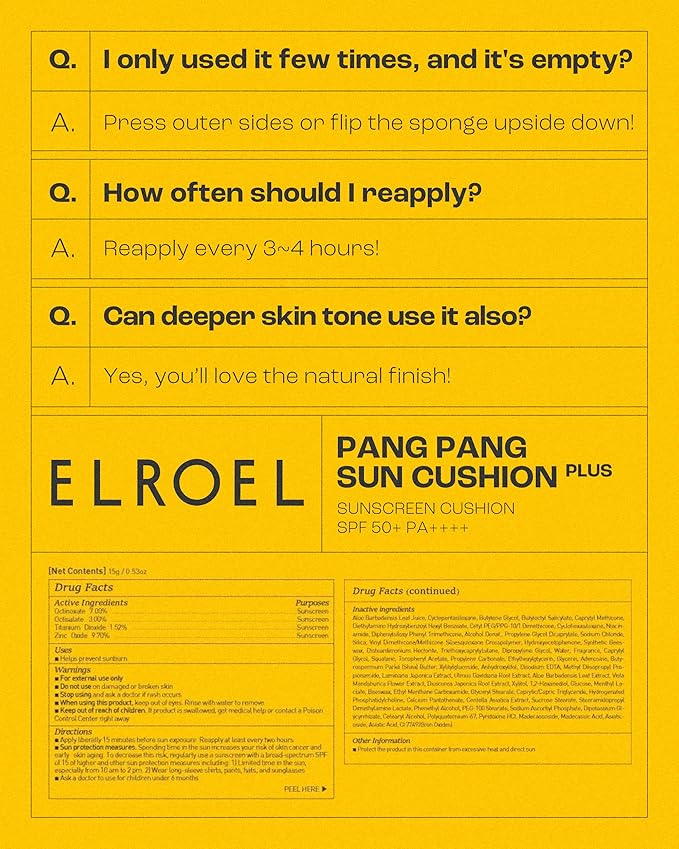 ELROEL Pang Pang Sun Cushion Plus Refill - Korean Hypoallergenic & Cooling Face Sunscreen with Puff Sponge - Broad Spectrum SPF50+ PA++++ (0.53 oz)