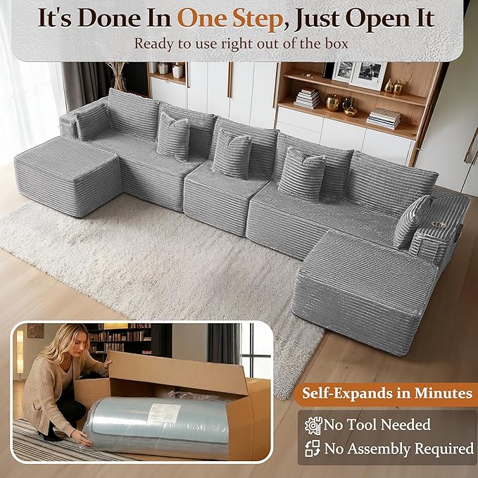168" Cloud Sectional Couch, Comfort U Shaped Sofa for Living Room, Extra Deep Seats No Assembly, Minimalist Modular Couch, Corduroy (Light Grey, 7 Seats,U-Shape A)