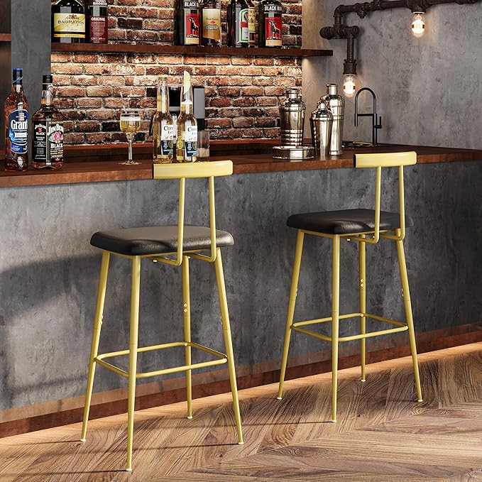 Bar Stools Set of 2, Tall Bar Stools with Backrest and Footrest, Counter Height Bar Chairs, Industrial Barstools with PU Leather Cushion, for Kitchen, Dining Room, Bar, Cafe (Gold) KBS515GC