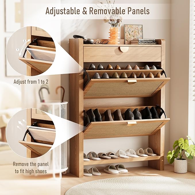INNOD Rattan Shoe Storage Cabinet, Shoe Organizer with 2 Flip Drawers, Narrow Shoe Cabinet, Free Standing Hidden Shoe Storage, Shoe Rack for Entryway/Hallway/Closet, Natural Oak