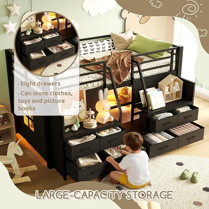 Bellemave Twin Size Loft Bed with 8 Non-Woven Fabric Storage Drawers and Bookshelf, Low Loft Bed with Lights and Private Play Curtain, Twin Loft Beds with High Rails, Noise Reduced Black