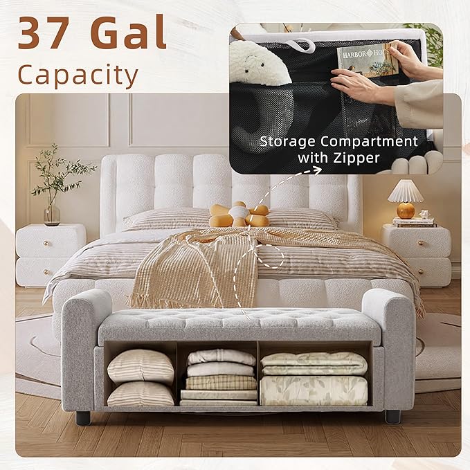 48" Ottoman with Storage, Tufted Storage Ottoman Bench, Convenient Living Room Fabrics Bench Seat, Entryway Shoe Benches with Inner Zipper & Arm, Rivetless Upholstered Window Seat Ottomans, Light Grey