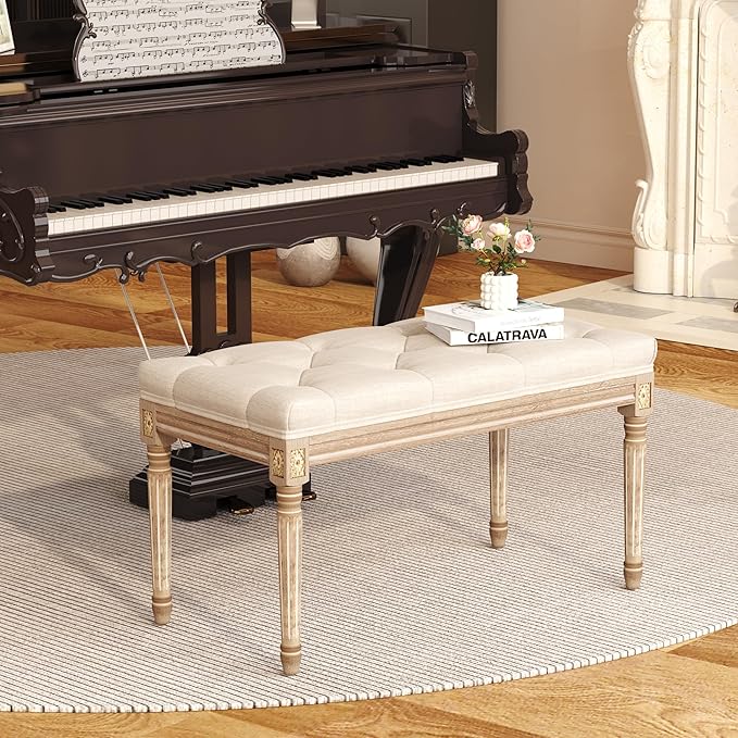 Yusong Upholstered Bench, Bedroom Bench for End of Bed, Piano Bench with Button Tufted Padded Seat for Living Room, Dining, Entryway, Shoe, Vanity Foot-Stool with Carved Wood Legs, Beige