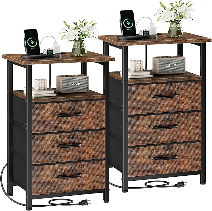 Vagusicc Nightstand Set of 2 with Charging Station, Bedside Table with USB Ports & Outlet, Side End Table with 3 Fabric Drawers & Storage Shelf, Bed Side Table Night Stand for Bedroom, Rustic Brown