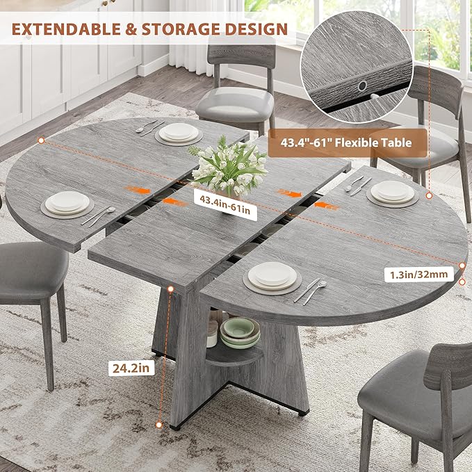 Extendable Dining Table, Round Kitchen Dining Room Dinner Table with for 4 6 8 People, Space Saving Modern Oval Expandale Furniture with Storage and Pedestal for Kitchen Living Room (Grey)