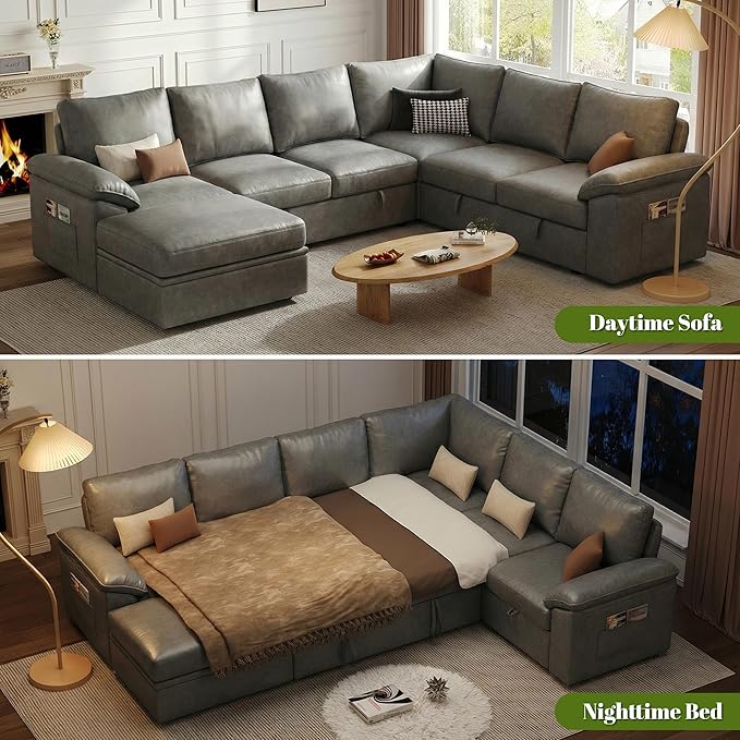 108 Inch Faux Leather Modular Sectional Sofa with Pull Out Bed,U Shaped 7 Seat Sectional Sleeper Sofa with Storage,Sectional Couches for Living Room,Cloud Modular Couch,Gray Leather