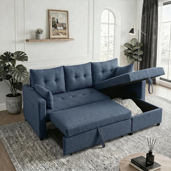 Convertible Sofa Bed, L Shape Sleeper Sofa with Reversible Storage Chaise, Tufted Fabric Sectional Sleeper Sofa with Pull Out Bed for Small Space, Living Room, Apartment, Dark Blue