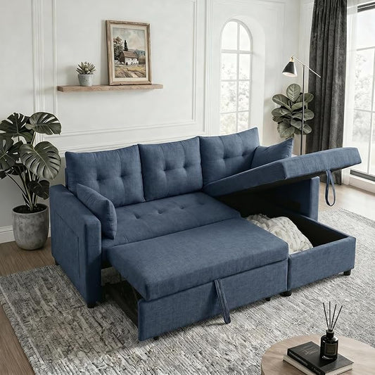 Convertible Sofa Bed, L Shape Sleeper Sofa with Reversible Storage Chaise, Tufted Fabric Sectional Sleeper Sofa with Pull Out Bed for Small Space, Living Room, Apartment, Dark Blue