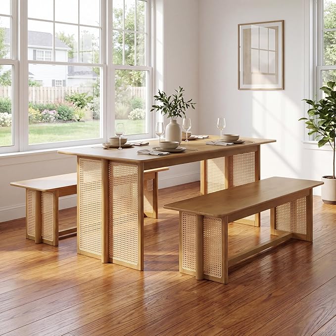 Merax Farmhouse Rubber Wood Dining Table Set for 3- Wood 70.87''L Rectangular Kitchen Table, 2 Dining Bench with Rattan Accents Legs for Kitchen, Living Room, Easy Assemble,Natural