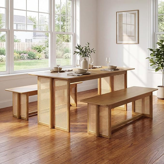 Merax Farmhouse Rubber Wood Dining Table Set for 3- Wood 70.87''L Rectangular Kitchen Table, 2 Dining Bench with Rattan Accents Legs for Kitchen, Living Room, Easy Assemble,Natural