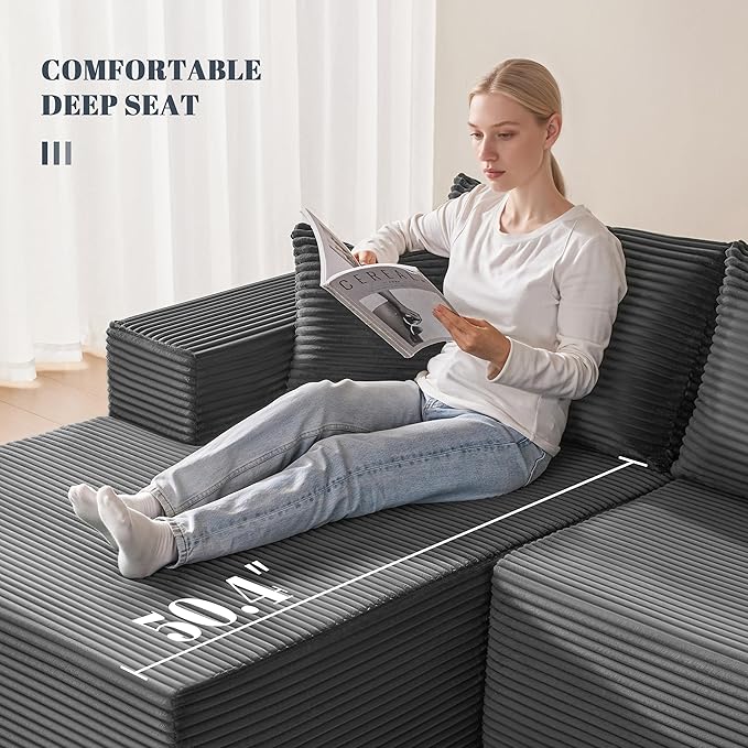 Mangodan 110” Cloud Sectional Couch, Modular Sectional Sofa with Deep Seat, Boneless Sofa for Living Room, Fluffy Comfy U-Shaped Couch with Left Facing Chaise, No Assembly Required, Grey