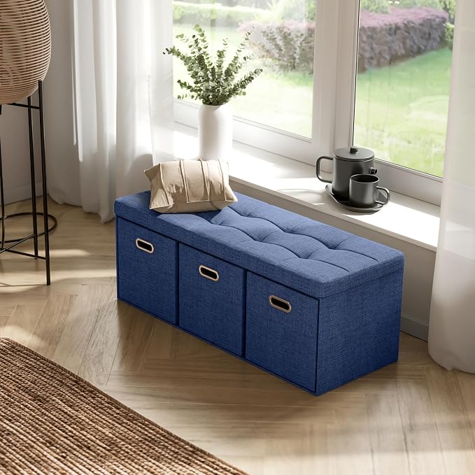 Ornavo Home Storage Ottoman with 3 Drawers, 40 Inches Long Foldable Tufted Linen Large Bench Ottoman with Storage, Foot Rest Stool Seat, for Living Room, Bedroom, Entryway, Navy Blue