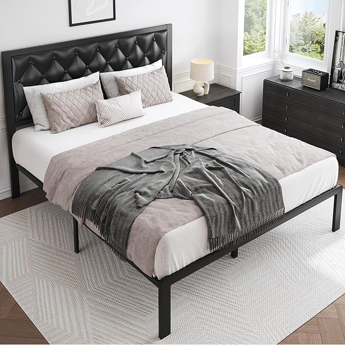 HISOFT Queen Bed Frame with Upholstered Button Tufted Headboard, Bed Frame Platform Metal Slats Support, Under Bed Storage, No Box Spring Needed, Noise-Free, Easy Assembly, Black