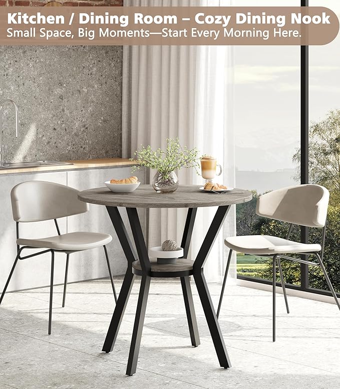 MECHYIN Round Dining Table for 2–4,31.5" Small Kitchen Table with Storage, Rustic Wood Table with Metal Legs, Space Saving Dining Table for Kitchen, Office, Dining Room, Apartment or Studio