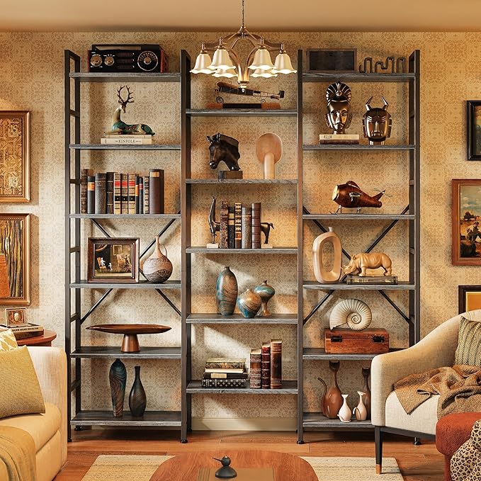 SUPERJARE Triple Bookshelf, Bookcase with 17 Open Display Shelves, Wide Book Shelf Book Case for Home & Office, 6 Tier, Grey