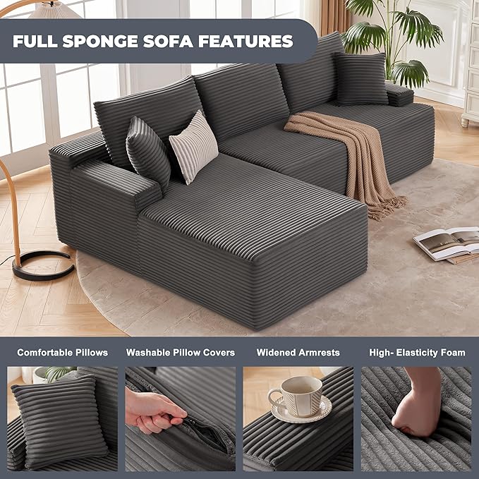 Mangodan Cloud Sectional Couch, Boneless Sofa for Living Room, Fluffy Comfy Couch with Deep Seat, Modular Sectional Sofa with L-Shaped Chaise, No Assembly Required, Dark Grey