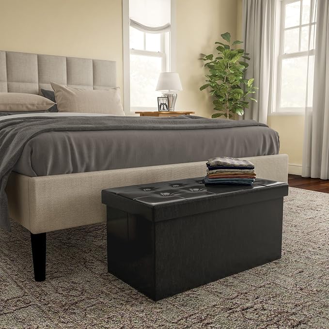 Storage Ottoman - 30-Inch Folding Faux Leather Footrest, Linen Chest, or Bench with Removable Bin for Living Room or Bedroom by Home-Complete (Black)