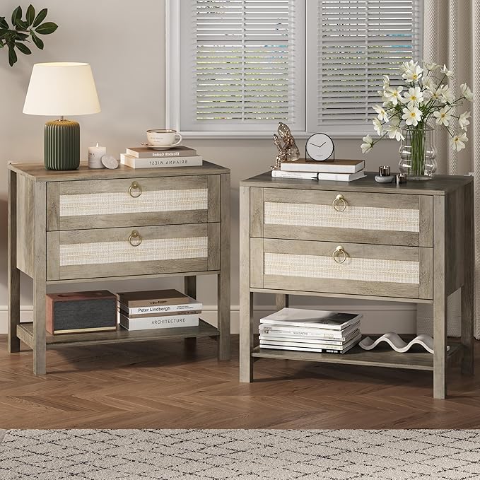 Xixini Nightstand Set of 2, Rattan Boho Bedside Table with 2 Drawers, Open Shelf & Brass Knobs, Small Mid Century Modern Night Stand, Wooden End Side Table for Bedroom, Living Room, Closet, Grey