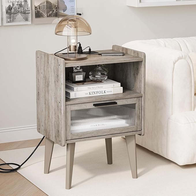 MMEOLUOOK Nightstand with Charging Station, Bedside Tables Oak Grey End Table Side Table with 2 Tiers Storage Space, for Bedroom Living Room MLBZ07GE