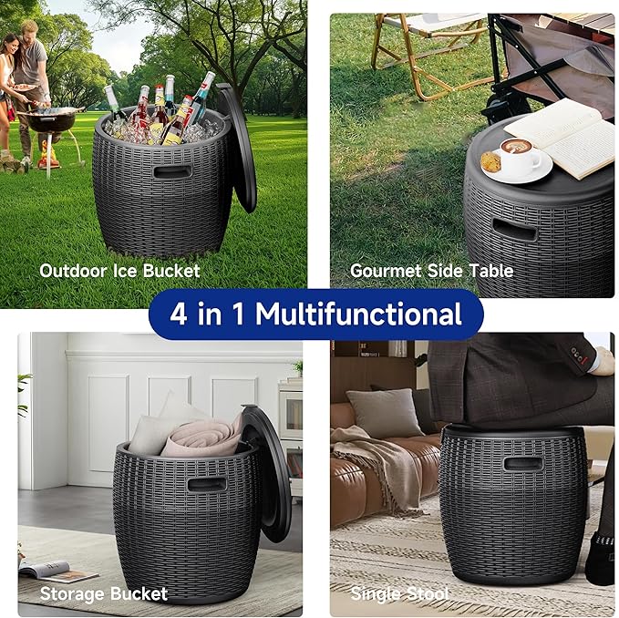 EasyUp 9.5 Gallon Outdoor Cooler Table, Wicker Round Ice Bucket for Parties, Rattan Bar Table with Top Lid Side Handles Drainage Plug, Beer Wine Cooler Side Tables for Patio, Poolside, Deck, Black