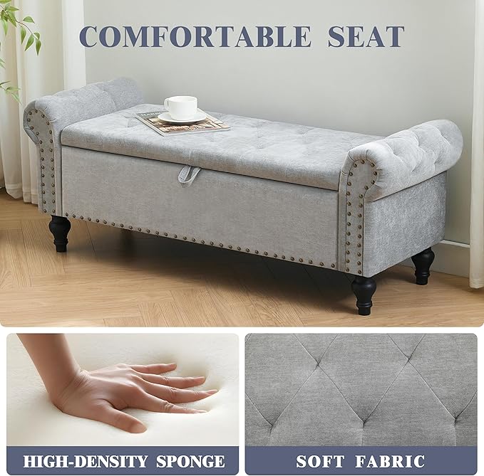 51" Storage Ottoman Bench, End of Bed Bench for Bedroom, Window Benches for Foot of Bed, Chenille Upholstered Benches, Storage Ottomans for Living Room, Entryway, Light Gray