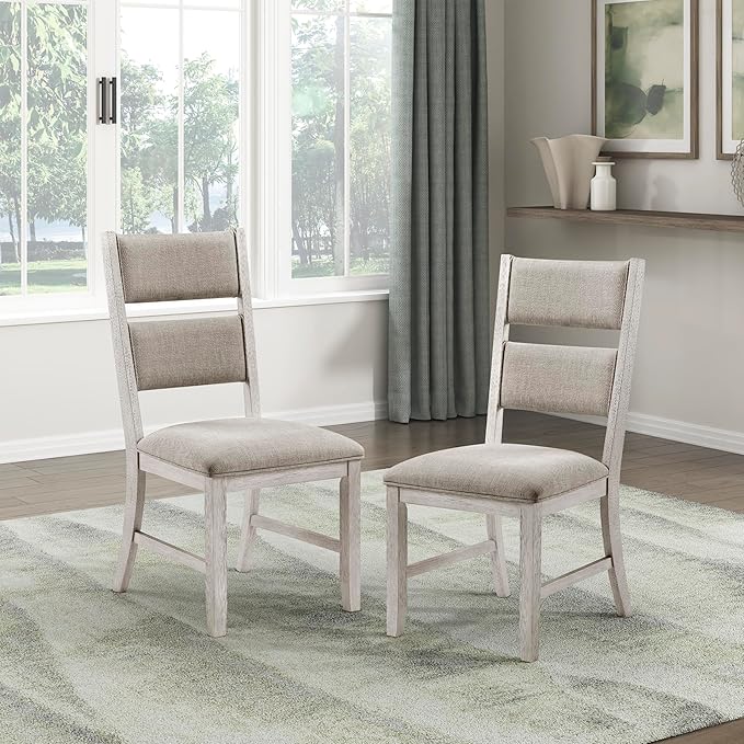 Lexicon Dining Chair Set of 2, Wooden Kitchen Chairs with Light Gray Textured Fabric Upholstered Seats and Back Rest, Accent Seating for Dining Room/Kitchen, Assembly Required, Brushed Antique White