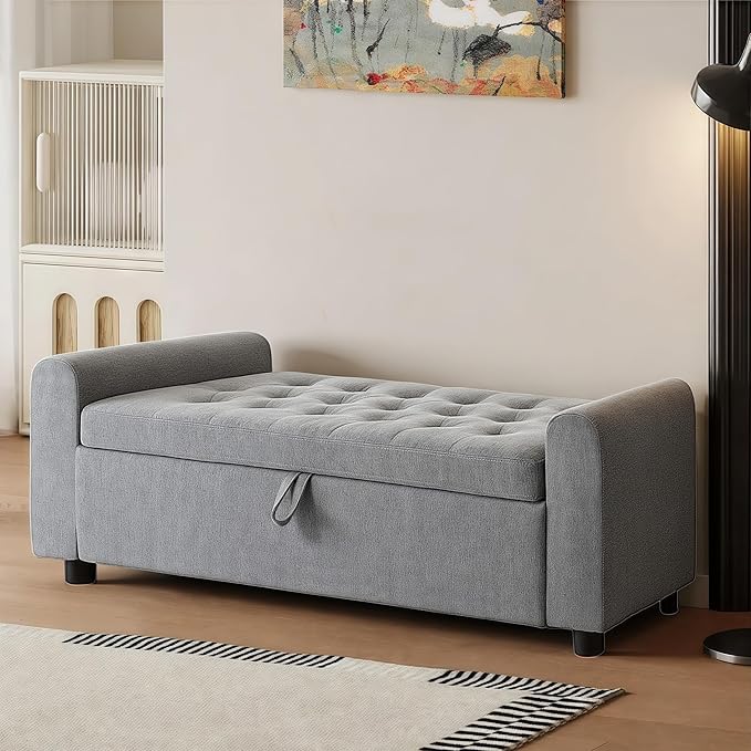 48" Ottoman with Storage, Tufted Storage Ottoman Bench, Convenient Living Room Fabrics Bench Seat, Entryway Shoe Benches with Inner Zipper & Arm, Rivetless Upholstered Window Seat Ottomans, Dark Grey