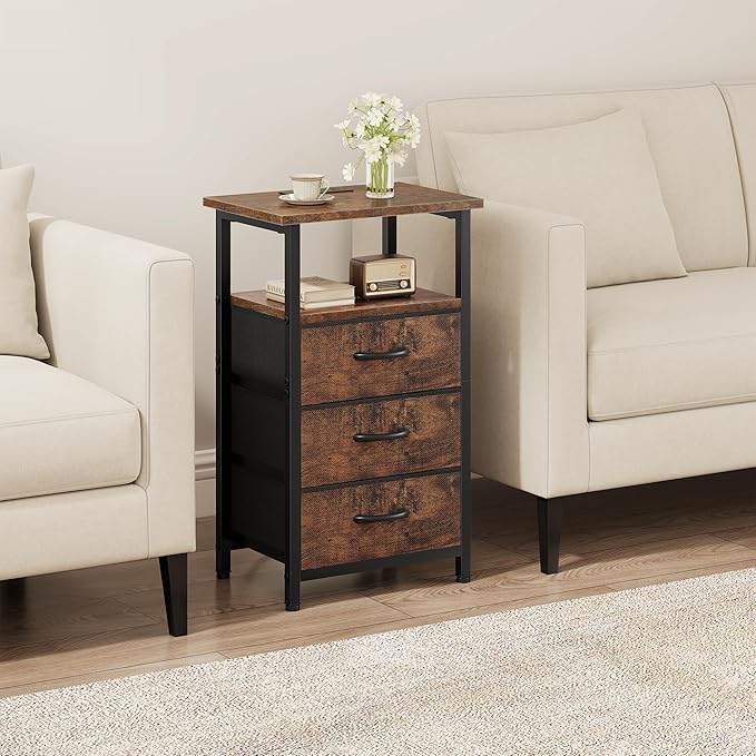 Vagusicc Nightstand Set of 2 with Charging Station, Bedside Table with USB Ports & Outlet, Side End Table with 3 Fabric Drawers & Storage Shelf, Bed Side Table Night Stand for Bedroom, Rustic Brown