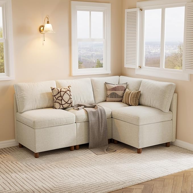 SITJOY Breakfast Nook Bench with Storage, Modular Corner Kitchen Banquette Seating, Dining Settee Couch, Upholstered Dining Bench with Back, Soft-to-Touch Fabric in Beige, 4-Seat L Shaped Nook