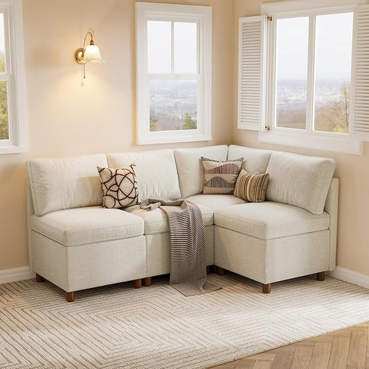 SITJOY Breakfast Nook Bench with Storage, Modular Corner Kitchen Banquette Seating, Dining Settee Couch, Upholstered Dining Bench with Back, Soft-to-Touch Fabric in Beige, 4-Seat L Shaped Nook