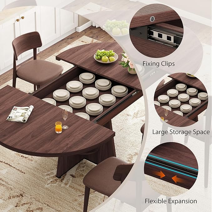 Extendable Dining Table, Round Kitchen Dining Room Dinner Table with for 4 6 8 People, Space Saving Modern Oval Expandale Furniture with Storage and Pedestal for Kitchen Living Room (Brown)
