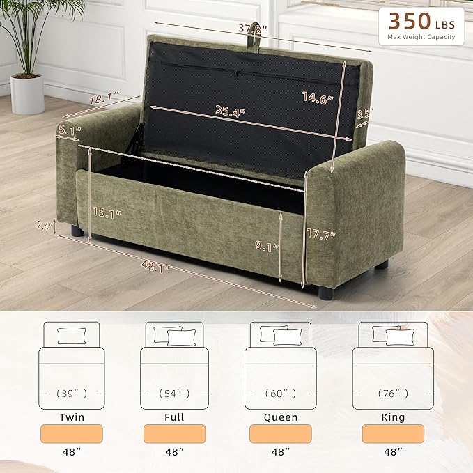 48" Ottoman with Storage, Tufted Storage Ottoman Bench, Convenient Living Room Fabrics Bench Seat, Entryway Shoe Benches with Inner Zipper & Arm, Rivetless Upholstered Window Seat Ottomans, Green