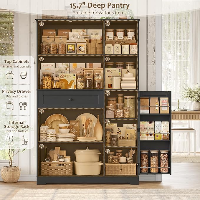 HOSTACK 68" Tall Kitchen Pantry Storage Cabinet, Modern Kitchen Hutch Cabinet with Doors and Shelves, Freestanding Food Pantry with Large Storage Drawer for Dining Room, Living Room, Black