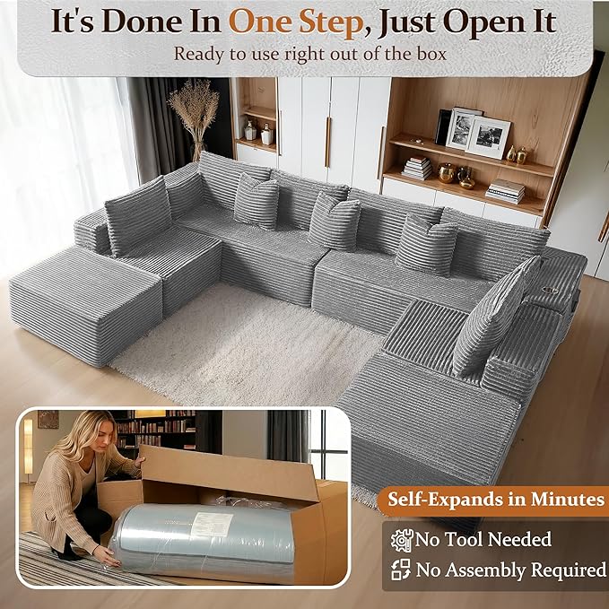 138" Cloud Sectional Couch, Comfort U Shaped Sofa for Living Room, Extra Deep Seats No Assembly, Minimalist Modular Couch, Corduroy (Light Grey, 8 Seats,U-Shape A)