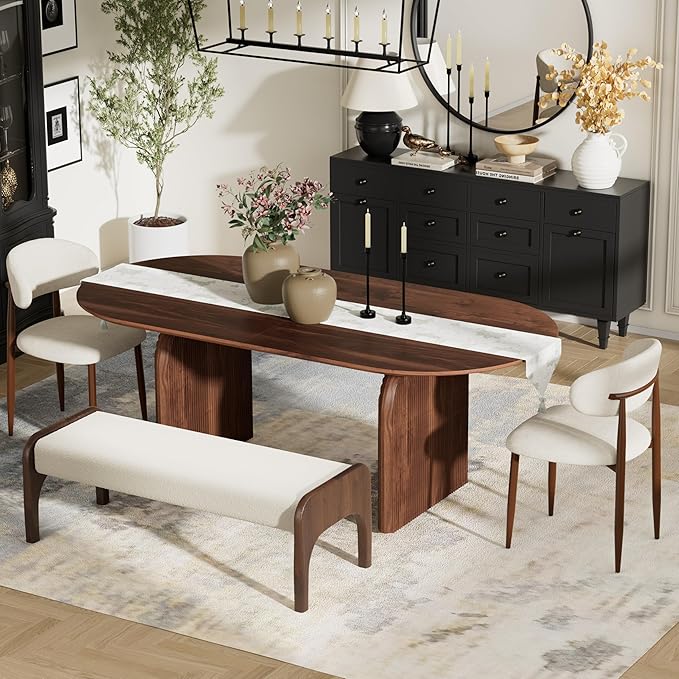 4-Piece Mid-Century Modern Dining Table Set, 63" Walnut Rectangular Table with 2 Dining Chairs & Bench, Dining & Kitchen Room Set for 4, Space-Saving Rustic Dining Set, Beige