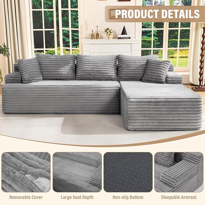 Hobestluk Modular Sectional Sofa Boneless Couch L-Shape Couch 3 Seat Modular Couch Memory Foam Sectional Couches for Living Room Furniture, Cloud Couch with Oversized Chaise (108" Right Facing Chaise)