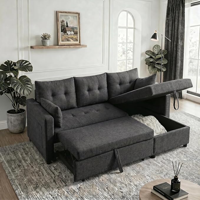 Convertible Sofa Bed, L Shape Sleeper Sofa with Reversible Storage Chaise, Tufted Fabric Sectional Sleeper Sofa with Pull Out Bed for Small Space, Living Room, Apartment, Charcoal Black