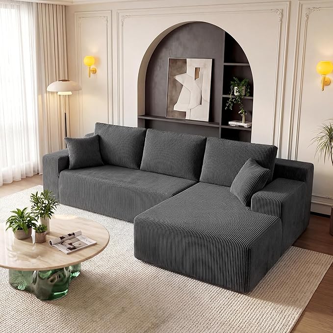 GRUSIGN Cloud Sectional Boneless Couches for Living Room, Modular L Shaped Couch with Deep Seat Oversized Right Facing Chaise, Memory Foam Compressed Spineless 3 Seater Sofa, Grey