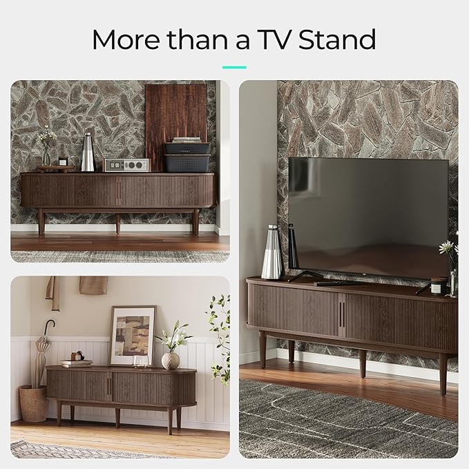 LINSY HOME 58" Fluted TV Stand for TVs up to 65 Inch, Mid Century Modern Entertainment Center with Storage Cabinet and Sliding Doors, Farmhouse Wood Media TV Console for Living Room, Bedroom, Walnut